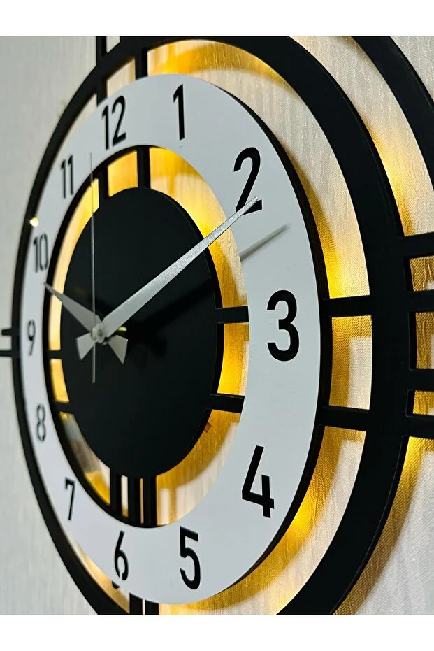 Işıklı Ahşap Duvar Saati 48 cm Dekoratif modern tasarım